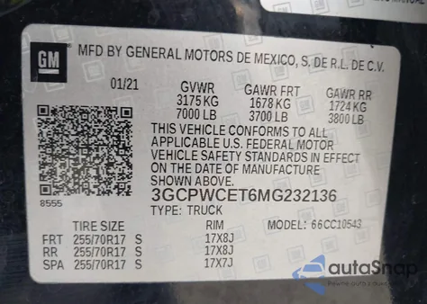 2021 Chevrolet Silverado 1500 2Wd Short Bed Lt z USA, uszkodzony, nr VIN 3GCPWCET6MG232136